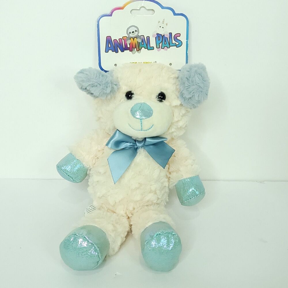 Kellytoy Animal Pals White Puppy Dog Blue Glitter Nose Paws Bow Tie 11" NEW